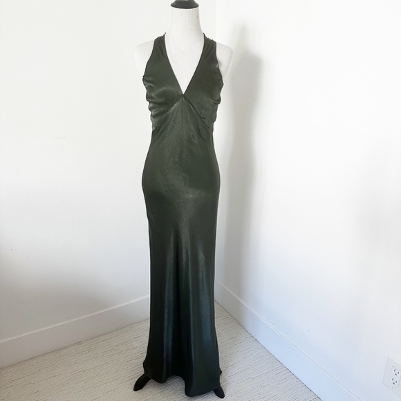 SHONA JOY V-Neck Twisted Tee Back Gown 6 Dark Olive Silky Satin Bridesmaid Gala - Picture 1 of 10